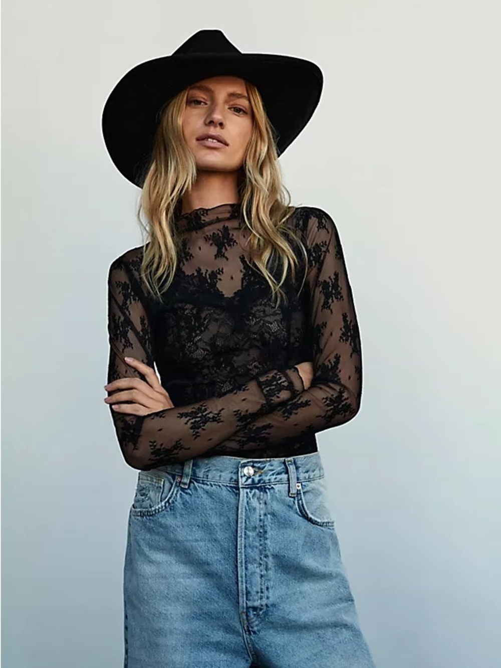 Intimately Free People Lady Lux Black Sheer Floral Mesh Layering Top Large